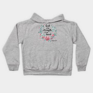 Christian Bible Verse: God is the strength of my heart (dark text with flower wreath) Kids Hoodie